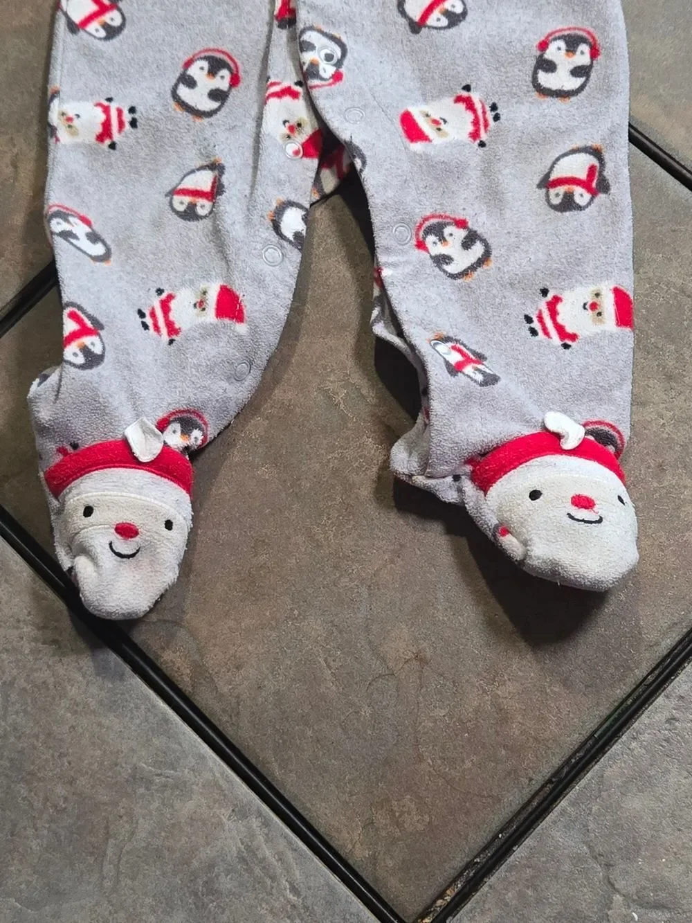Carter's Santa Penguin Footed Pajamas 6-9 Months Gray Fleece Christmas Sleeper